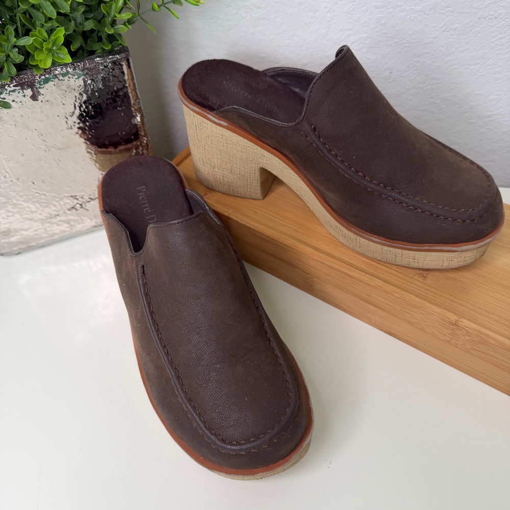 Pierre Dumas Platform Mules Womens Brown Chunky‎ Block Heel Retro Boho 7